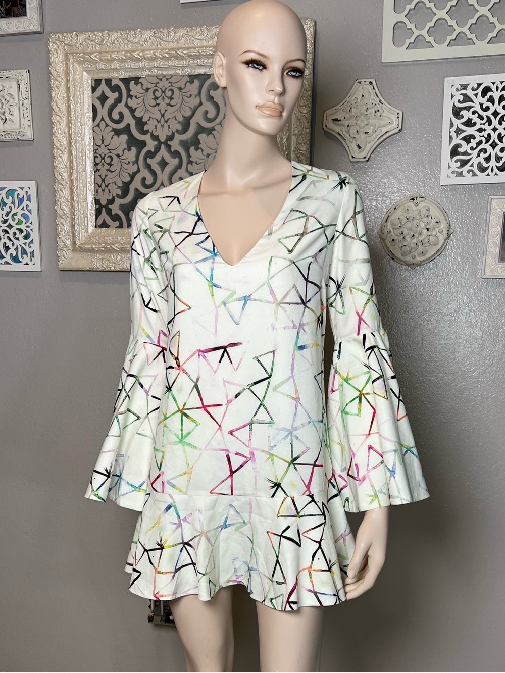 Alexis White Multicolor Geometric V-Neck Dress